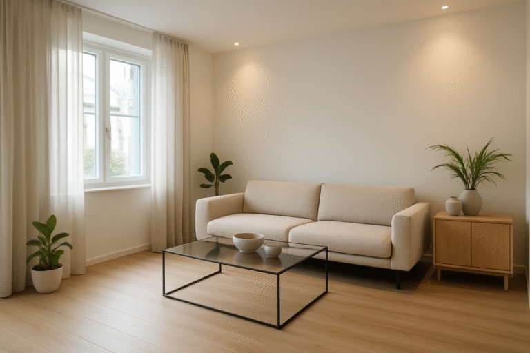 Neutralne, jasne wnętrze przygotowane według zasad home stagingu z minimalistycznymi meblami i dekoracjami