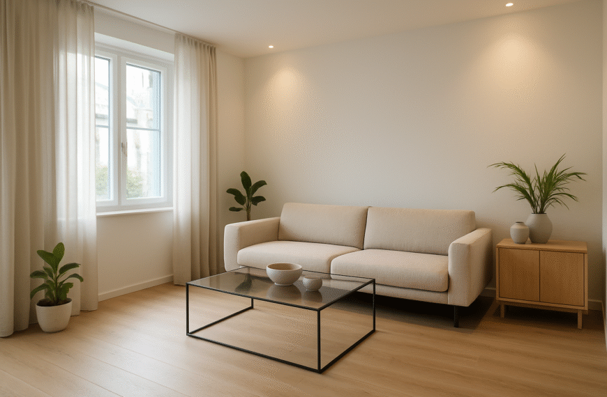 Neutralne, jasne wnętrze przygotowane według zasad home stagingu z minimalistycznymi meblami i dekoracjami