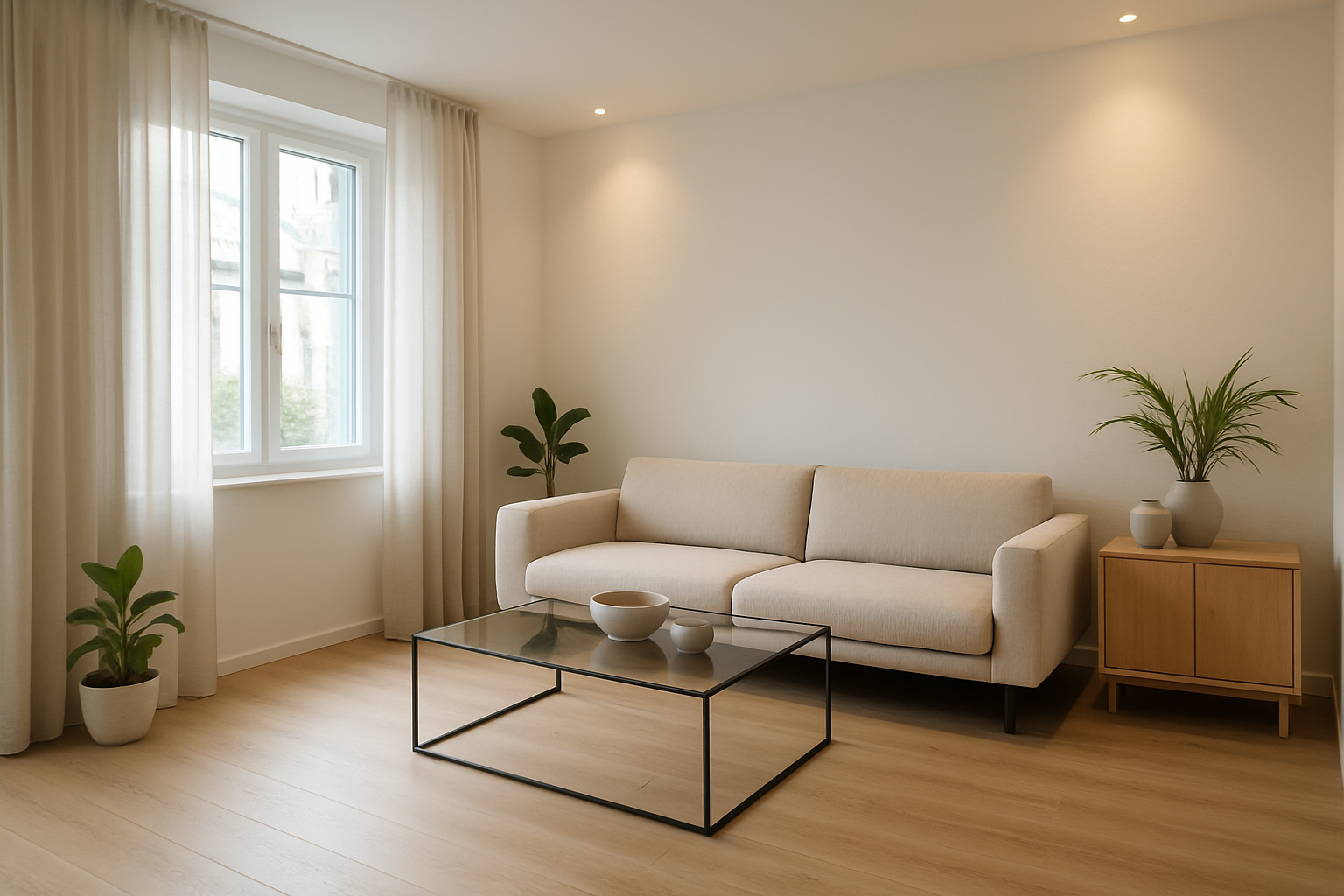 Neutralne, jasne wnętrze przygotowane według zasad home stagingu z minimalistycznymi meblami i dekoracjami