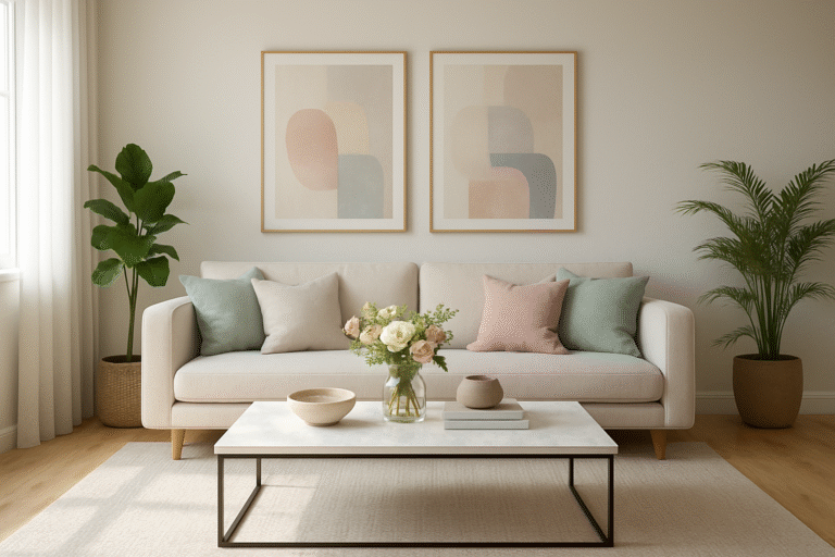 Zaaranżowany stylowo salon z jasnymi meblami i dodatkami ilustrujący home staging przyspieszający sprzedaż nieruchomości