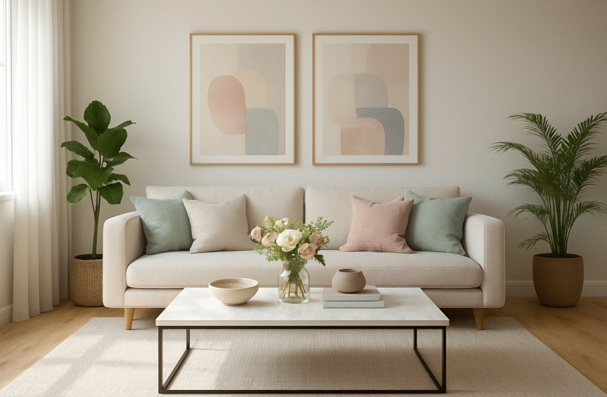 Zaaranżowany stylowo salon z jasnymi meblami i dodatkami ilustrujący home staging przyspieszający sprzedaż nieruchomości