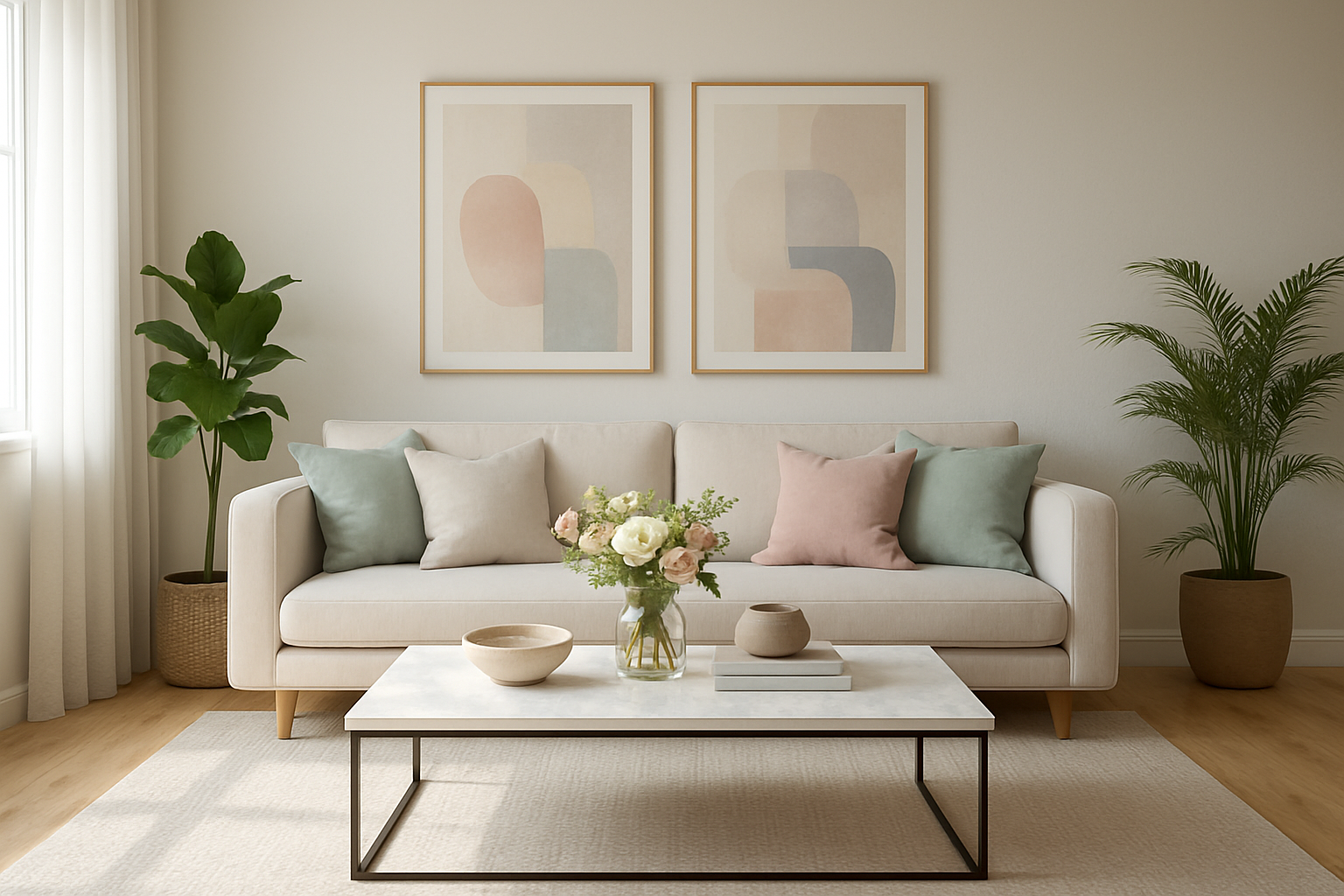 Zaaranżowany stylowo salon z jasnymi meblami i dodatkami ilustrujący home staging przyspieszający sprzedaż nieruchomości