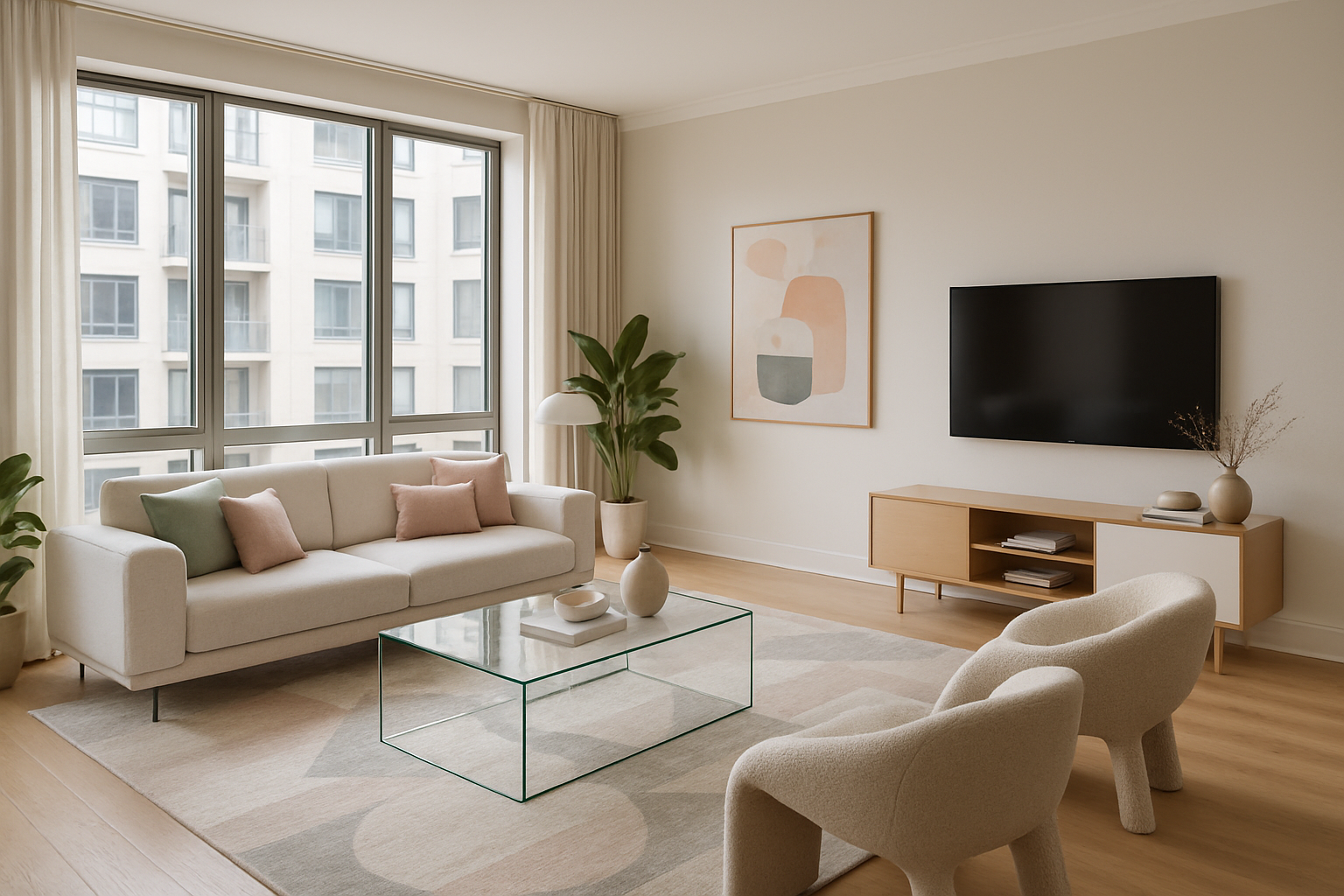 Nowoczesne, przestronne wnętrze mieszkania po wirtualnym home stagingu z eleganckimi meblami i stylowymi dekoracjami