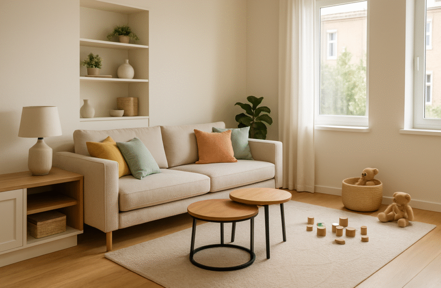 Jasny, przytulny salon przygotowany pod home staging dla rodziny z dziećmi, z praktycznymi schowkami, kolorowymi poduszkami i wyznaczoną strefą zabaw