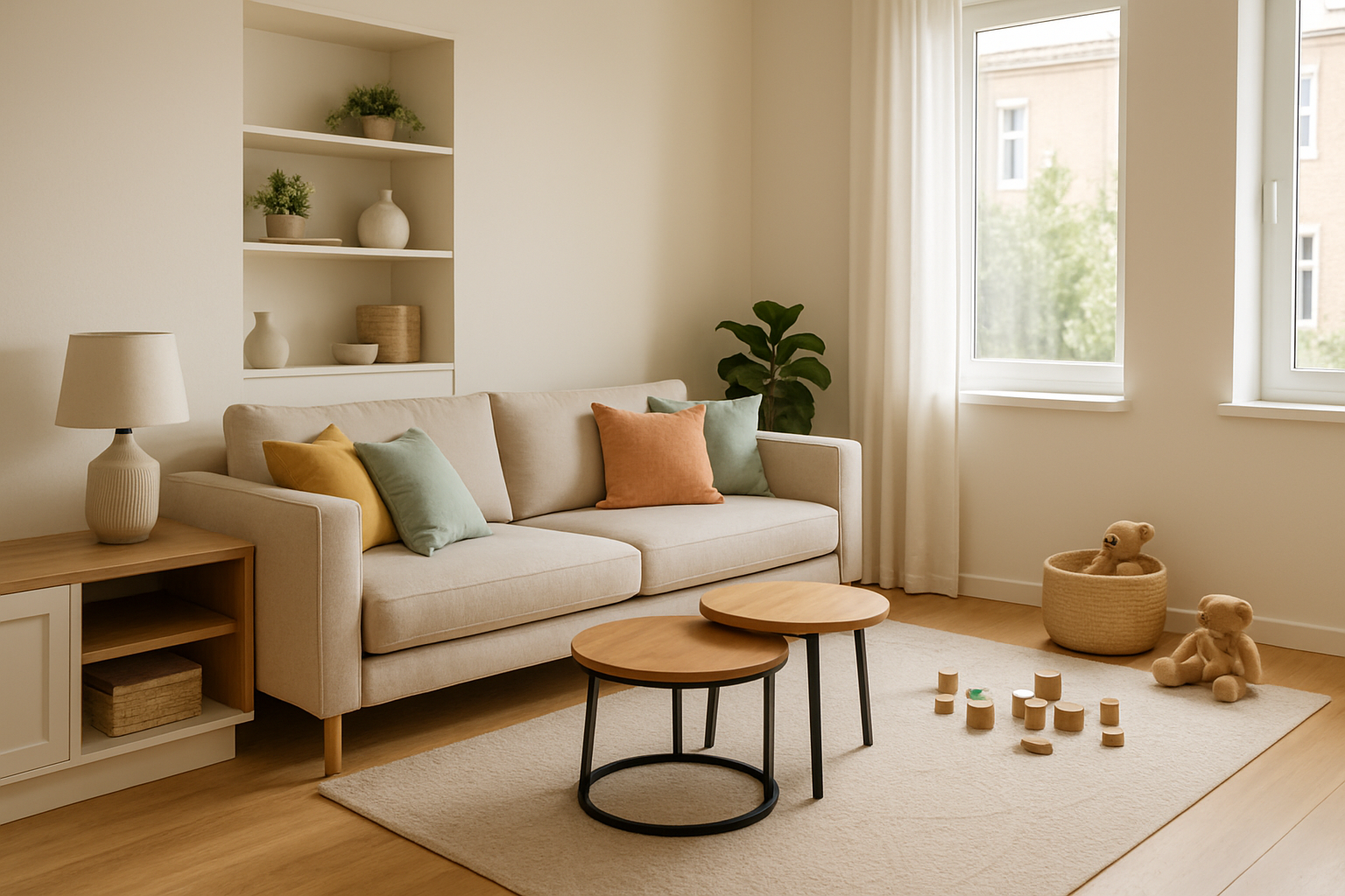Jasny, przytulny salon przygotowany pod home staging dla rodziny z dziećmi, z praktycznymi schowkami, kolorowymi poduszkami i wyznaczoną strefą zabaw