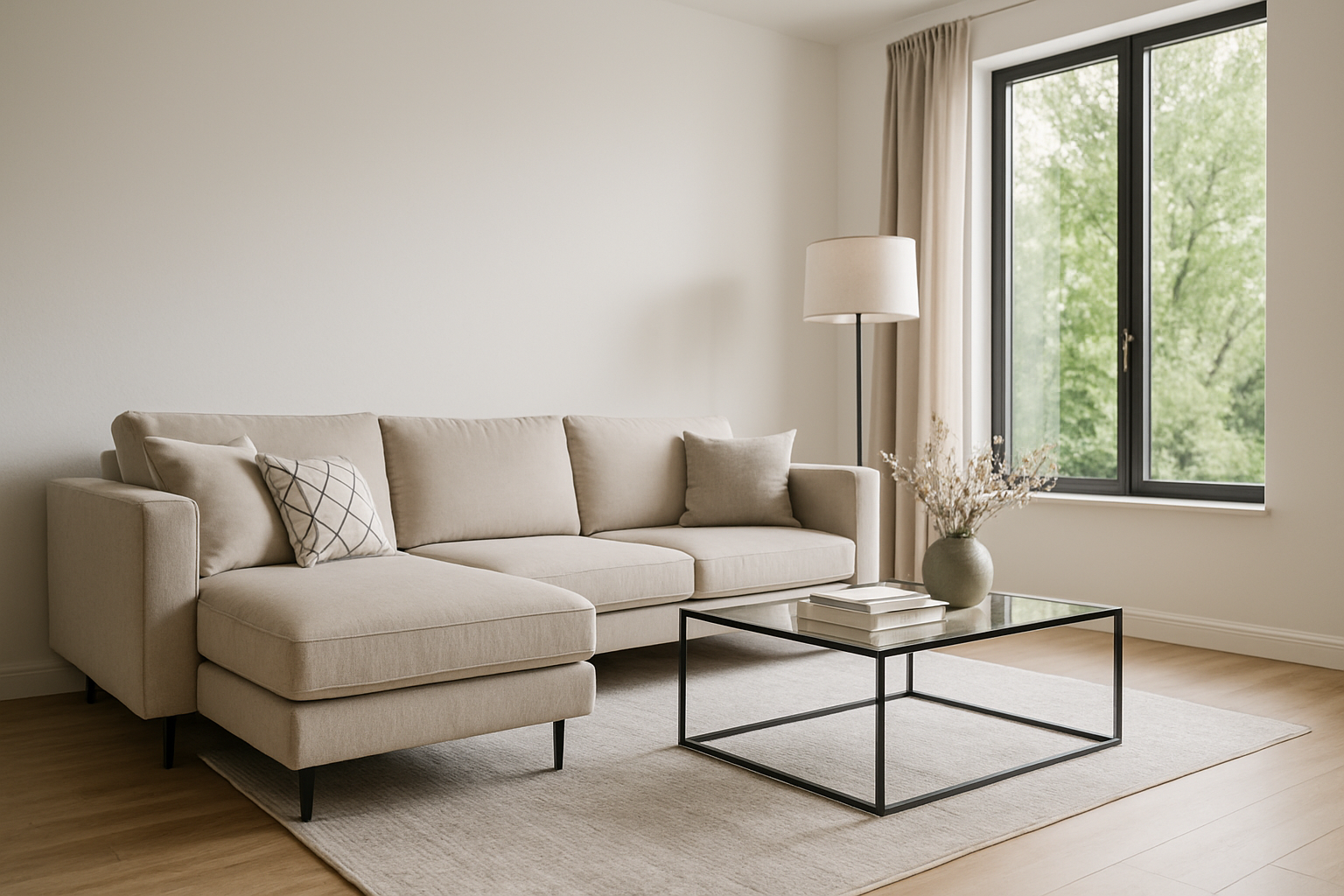 Przestronny, jasny salon z neutralnymi meblami i dekoracjami, przygotowany zgodnie z zasadami home stagingu