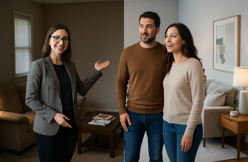 Home stager prezentuje klientowi odświeżony salon na zestawieniu zdjęć przed i po aranżacji