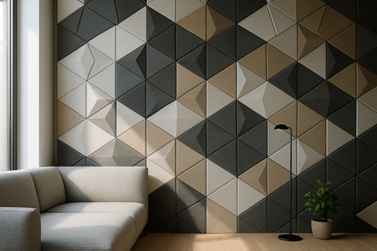 Nowoczesne geometryczne panele akustyczne zamontowane na ścianie jako dekoracyjny element wnętrza