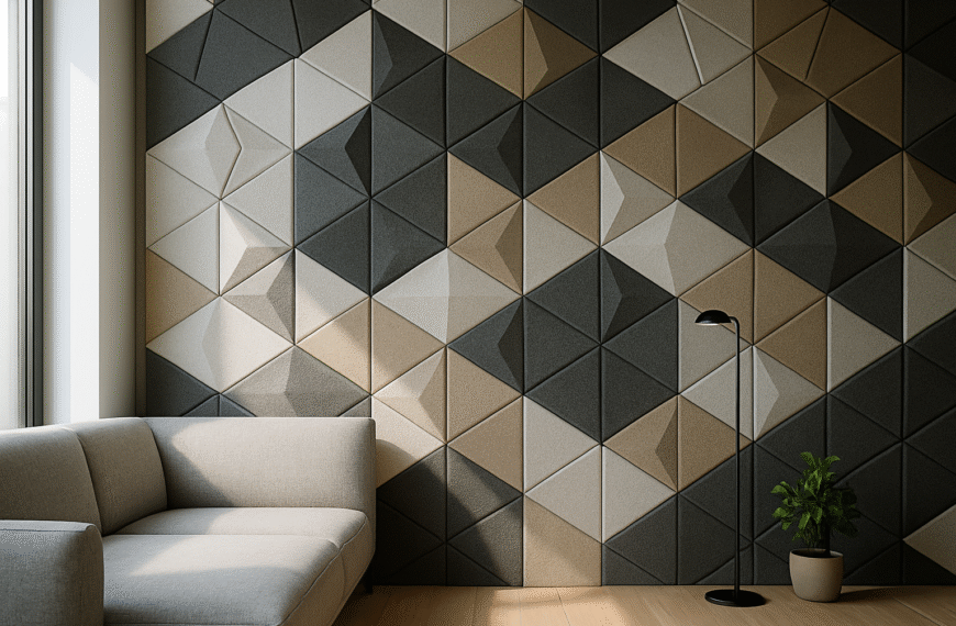 Nowoczesne geometryczne panele akustyczne zamontowane na ścianie jako dekoracyjny element wnętrza