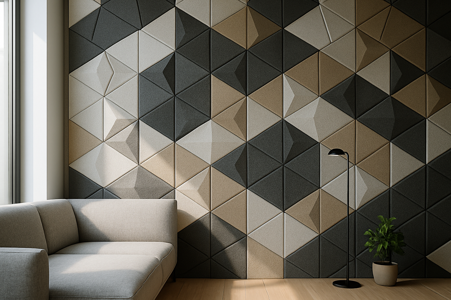 Nowoczesne geometryczne panele akustyczne zamontowane na ścianie jako dekoracyjny element wnętrza