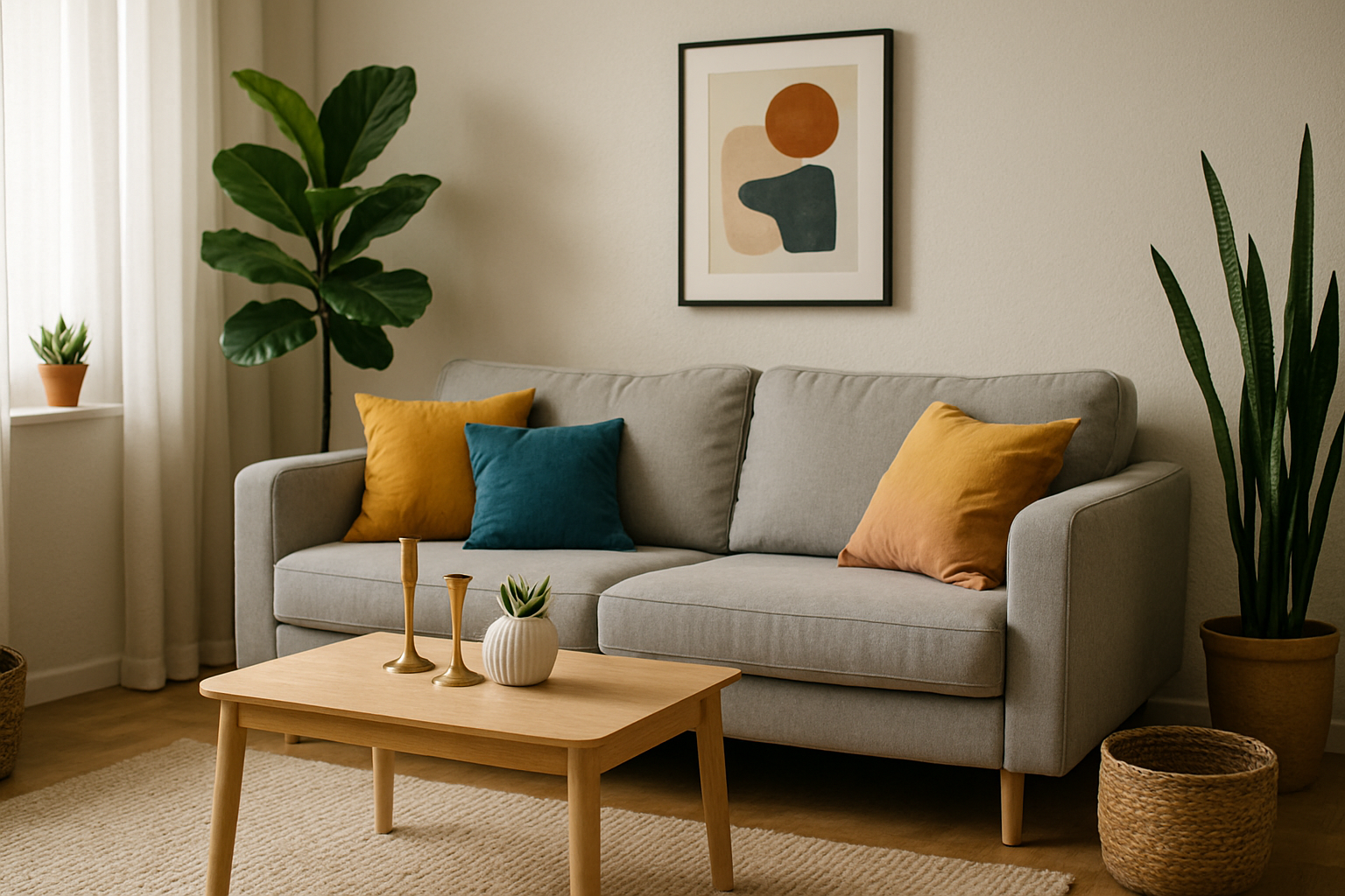 Salon z lekkim home stagingiem na budżecie do 1000 zł: przytulna sofa z kolorowymi poduszkami, stylowe dodatki i zielone rośliny