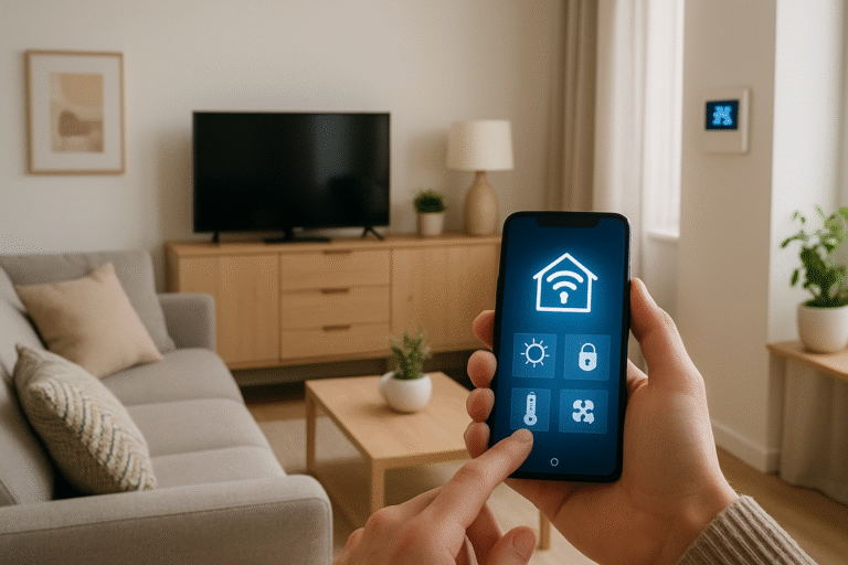 Nowoczesny salon przygotowany do home stagingu z inteligentnym oświetleniem, termostatem i urządzeniami smart home