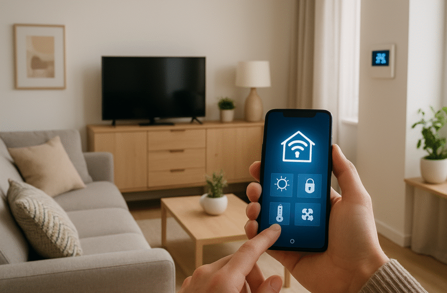 Nowoczesny salon przygotowany do home stagingu z inteligentnym oświetleniem, termostatem i urządzeniami smart home