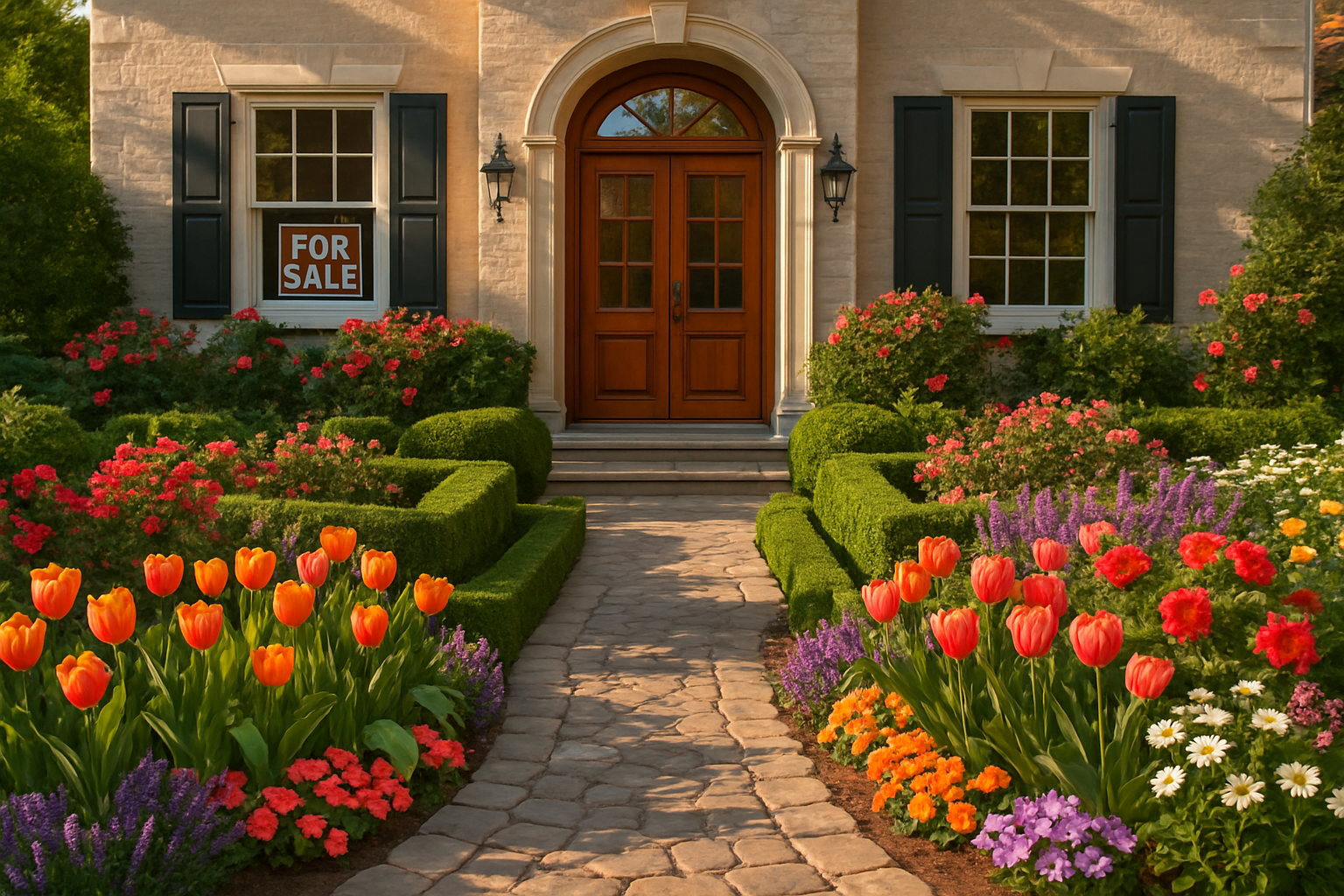 Zadbany ogród z przyciętymi krzewami i kolorowymi kwiatami przed eleganckim domem przygotowanym do sprzedaży