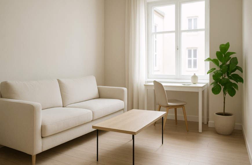 Minimalistyczne, jasne wnętrze kawalerki z prostą sofą, lekkim stolikiem kawowym, biurkiem przy oknie i zieloną rośliną w neutralnych barwach