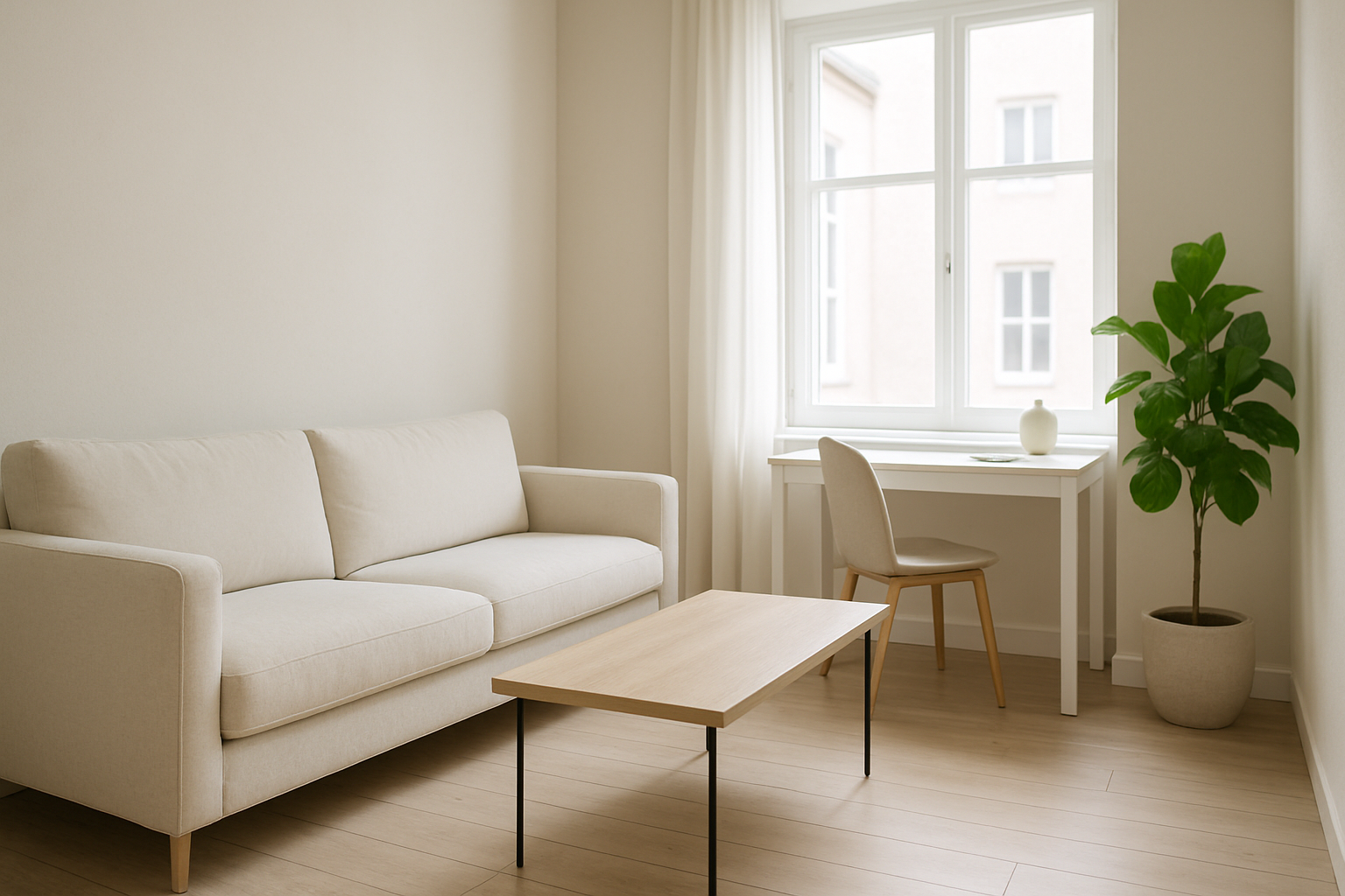 Minimalistyczne, jasne wnętrze kawalerki z prostą sofą, lekkim stolikiem kawowym, biurkiem przy oknie i zieloną rośliną w neutralnych barwach