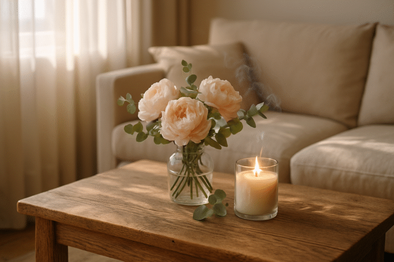 Wnętrze domu z kwiatami i aromatyczną świecą obrazujące rolę zapachu w psychologii home stagingu