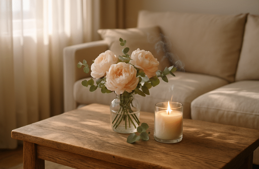 Wnętrze domu z kwiatami i aromatyczną świecą obrazujące rolę zapachu w psychologii home stagingu