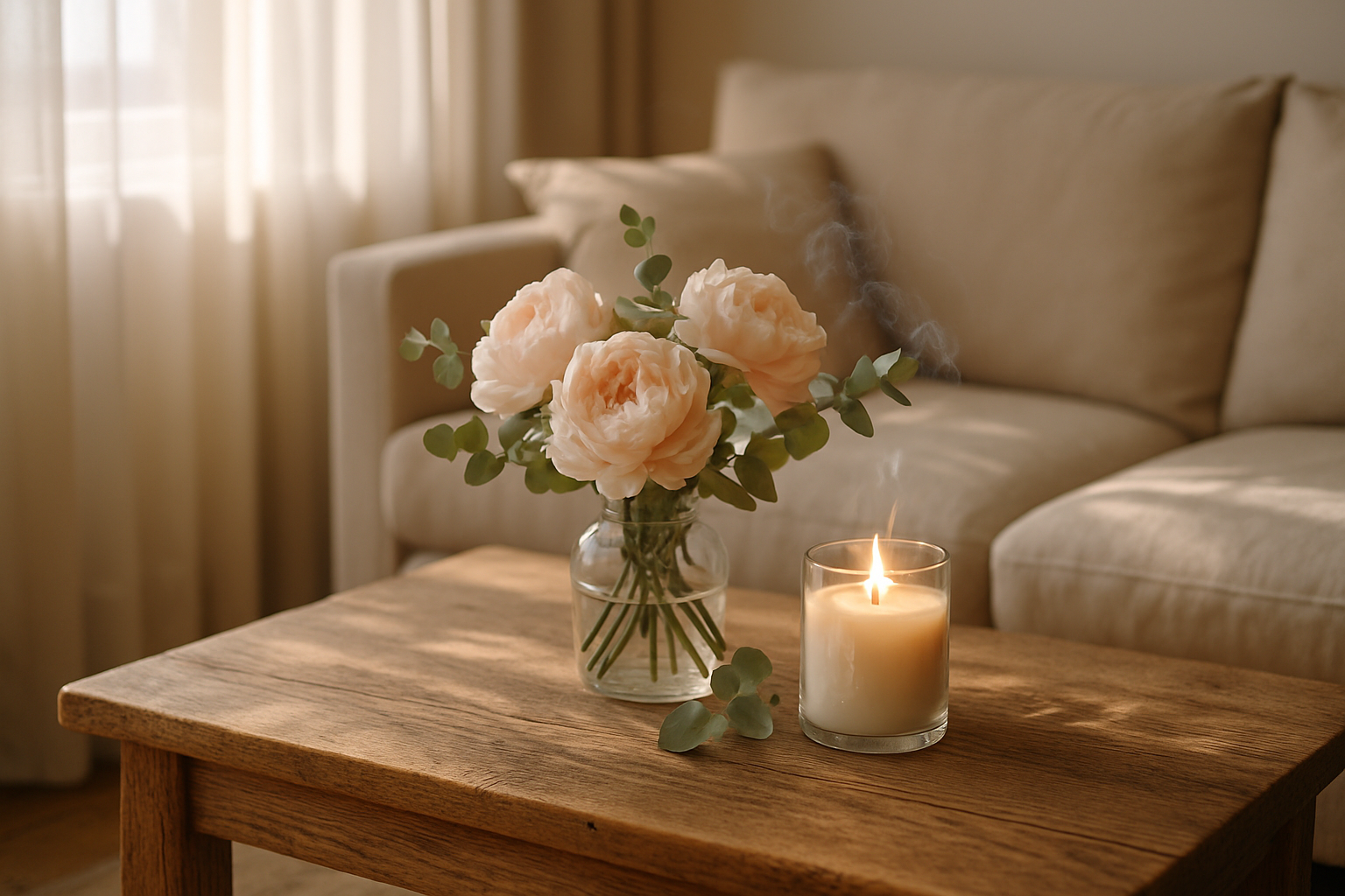 Wnętrze domu z kwiatami i aromatyczną świecą obrazujące rolę zapachu w psychologii home stagingu