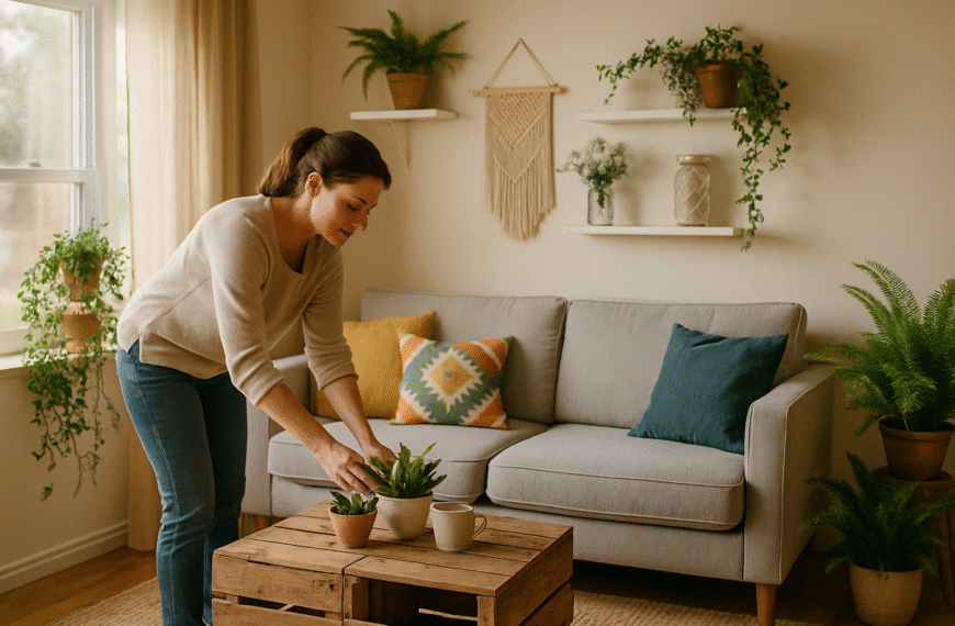 Osoba dekorująca salon na home staging przy użyciu tanich mebli, własnoręcznych dekoracji DIY i roślin