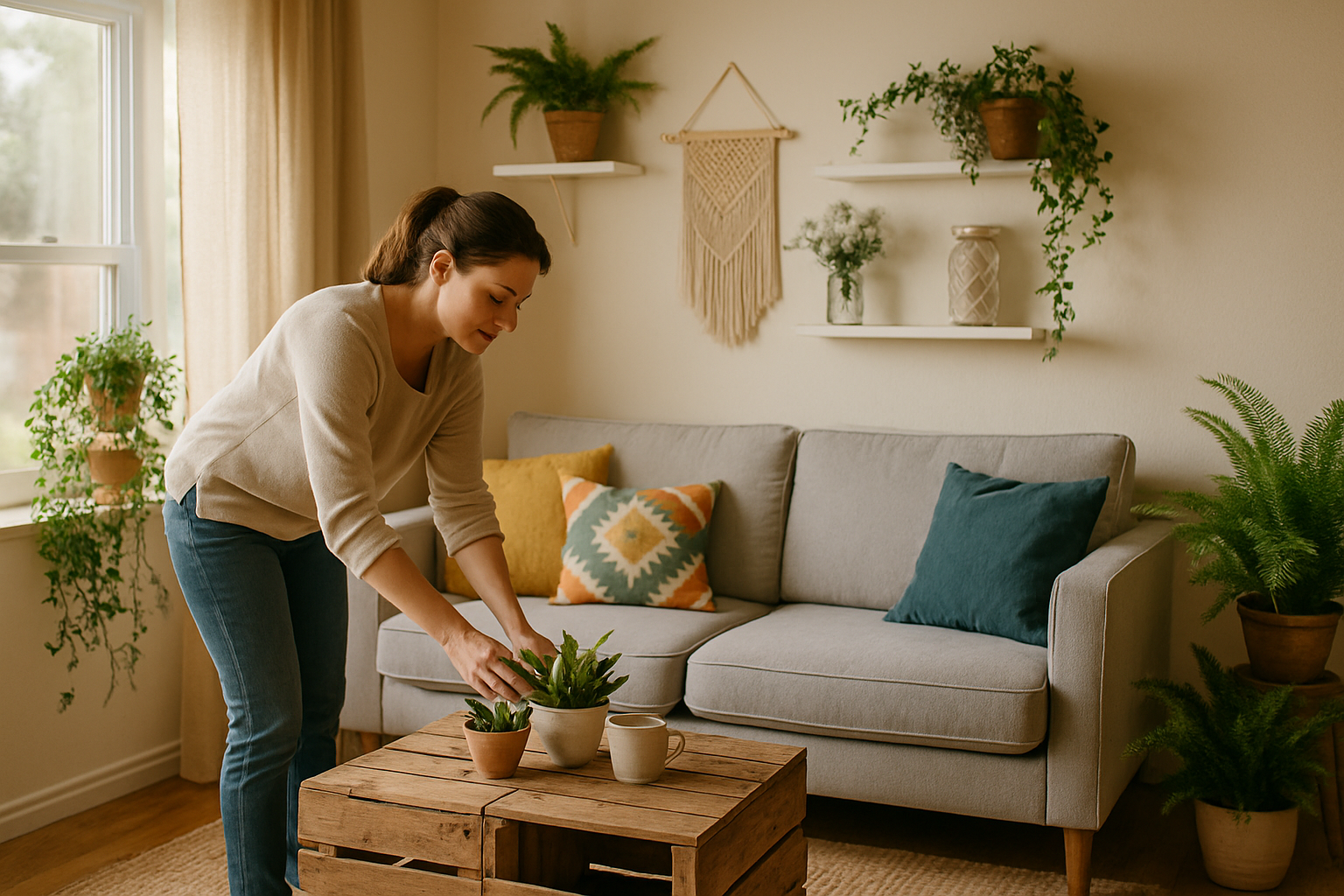 Osoba dekorująca salon na home staging przy użyciu tanich mebli, własnoręcznych dekoracji DIY i roślin