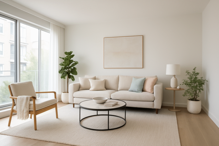 Nowoczesny, jasny salon po home stagingu z eleganckimi meblami i zbalansowaną kolorystyką podkreślony profesjonalną obróbką zdjęcia