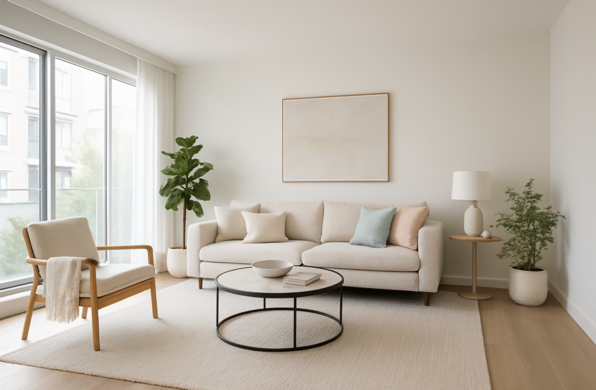 Nowoczesny, jasny salon po home stagingu z eleganckimi meblami i zbalansowaną kolorystyką podkreślony profesjonalną obróbką zdjęcia