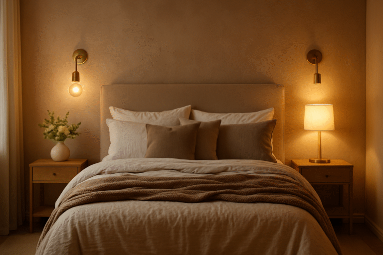 Sypialnia w stylu home staging z przytulnym łóżkiem, ciepłym oświetleniem nocnym i dekoracyjnymi kinkietami