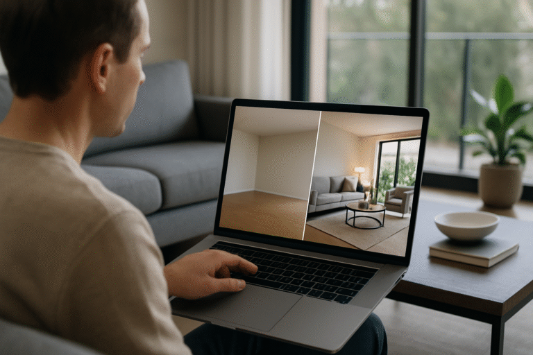 Projektant prezentuje klientom na ekranie laptopa porównanie pustego mieszkania z efektem wirtualnego home stagingu w nowoczesnym salonie
