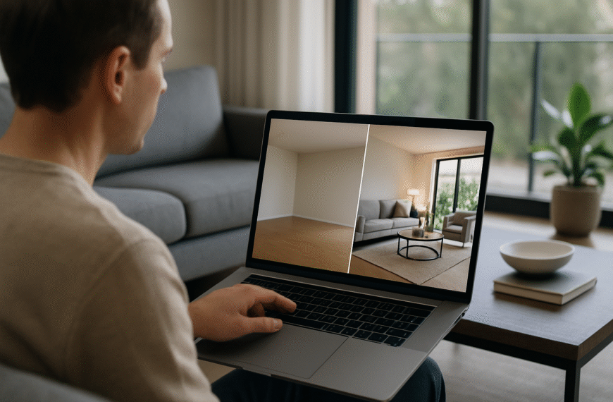 Projektant prezentuje klientom na ekranie laptopa porównanie pustego mieszkania z efektem wirtualnego home stagingu w nowoczesnym salonie