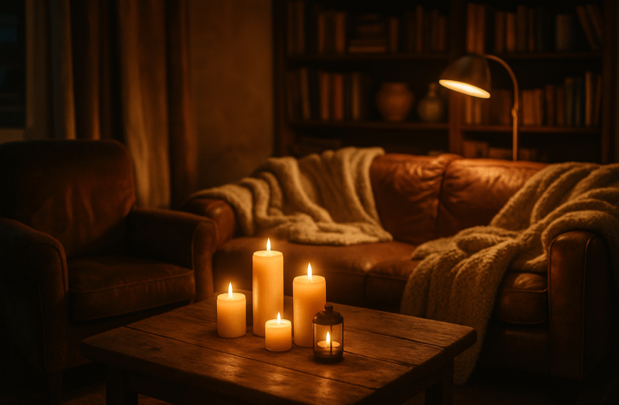 Stylizowane wnętrze z ciepłym, miękkim światłem lamp i świec podkreślające przytulną atmosferę