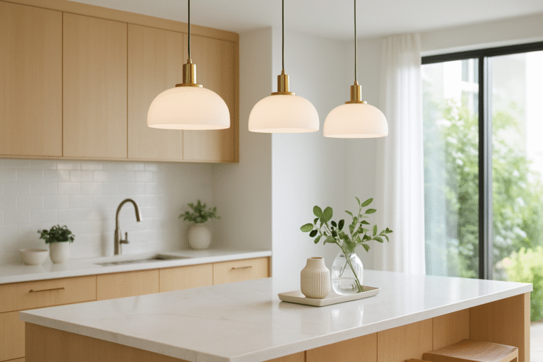 Nowoczesne wiszące lampy nad wyspą kuchenną w jasnej aranżacji home stagingowej