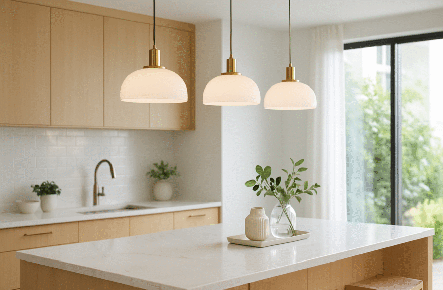 Nowoczesne wiszące lampy nad wyspą kuchenną w jasnej aranżacji home stagingowej