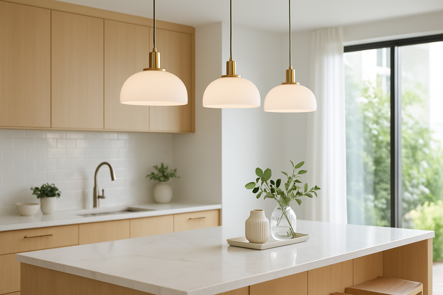 Nowoczesne wiszące lampy nad wyspą kuchenną w jasnej aranżacji home stagingowej