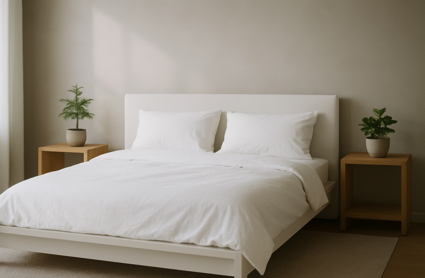 Nowoczesna sypialnia w stylu minimalistycznym z białym łóżkiem, jasną pościelą, prostymi drewnianymi stolikami nocnymi i subtelną rośliną doniczkową na tle neutralnej ściany