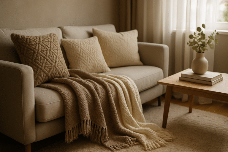Sofa w przytulnym wnętrzu udekorowana stylową narzutą i miękkim kocem podkreślającymi charakter home stagingu