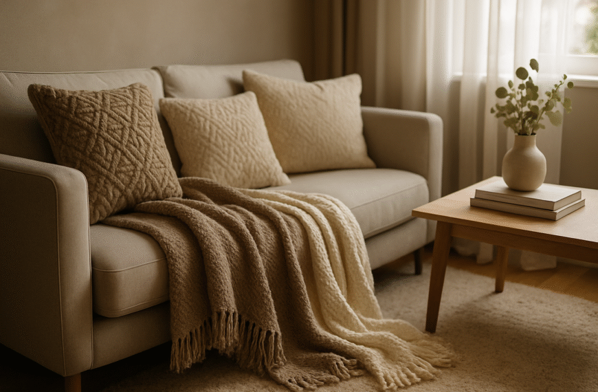 Sofa w przytulnym wnętrzu udekorowana stylową narzutą i miękkim kocem podkreślającymi charakter home stagingu