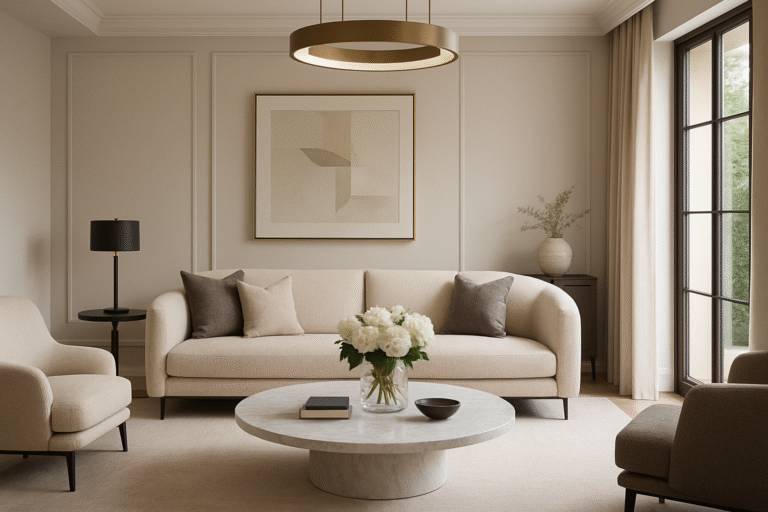 Luksusowy, jasny salon z eleganckimi meblami, stylowymi dodatkami i zielonymi roślinami przygotowany metodą home stagingu