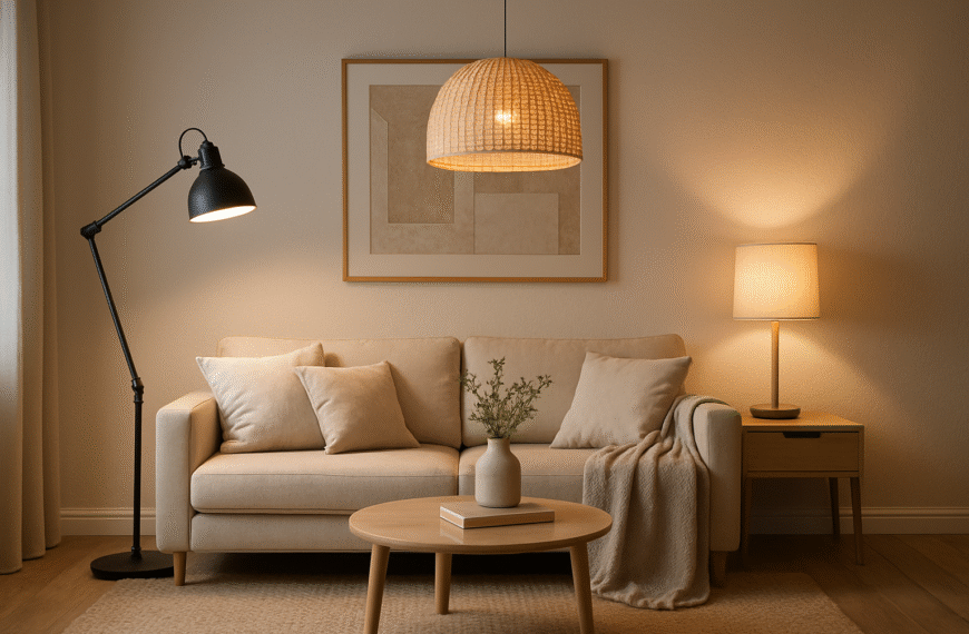 aranżacja salonu do home stagingu z lampami sufitowymi i stojącymi tworzącymi ciepłe, przytulne oświetlenie
