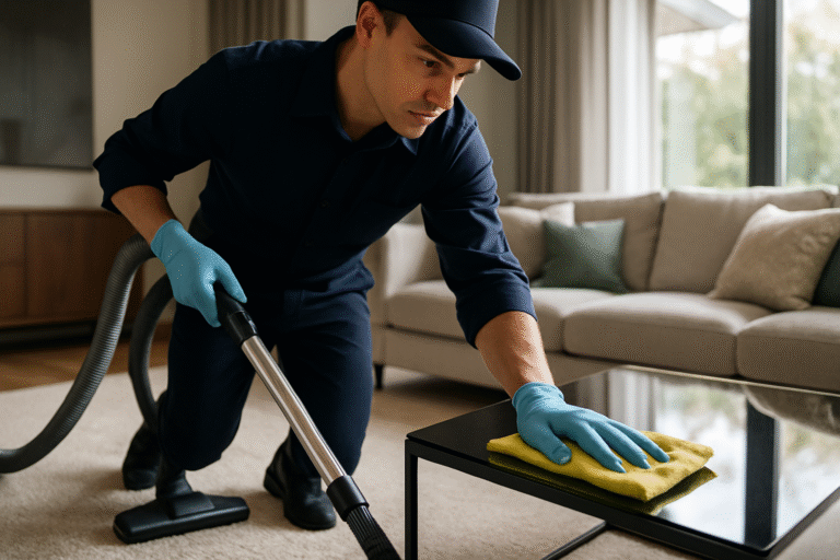 Profesjonalne sprzątanie wnętrza domu przed home stagingiem z odkurzaczem i ściereczką
