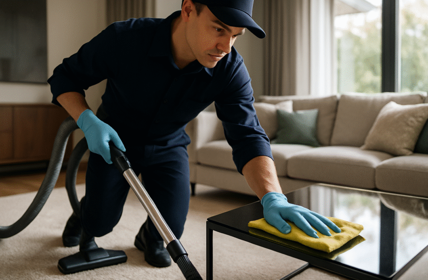 Profesjonalne sprzątanie wnętrza domu przed home stagingiem z odkurzaczem i ściereczką