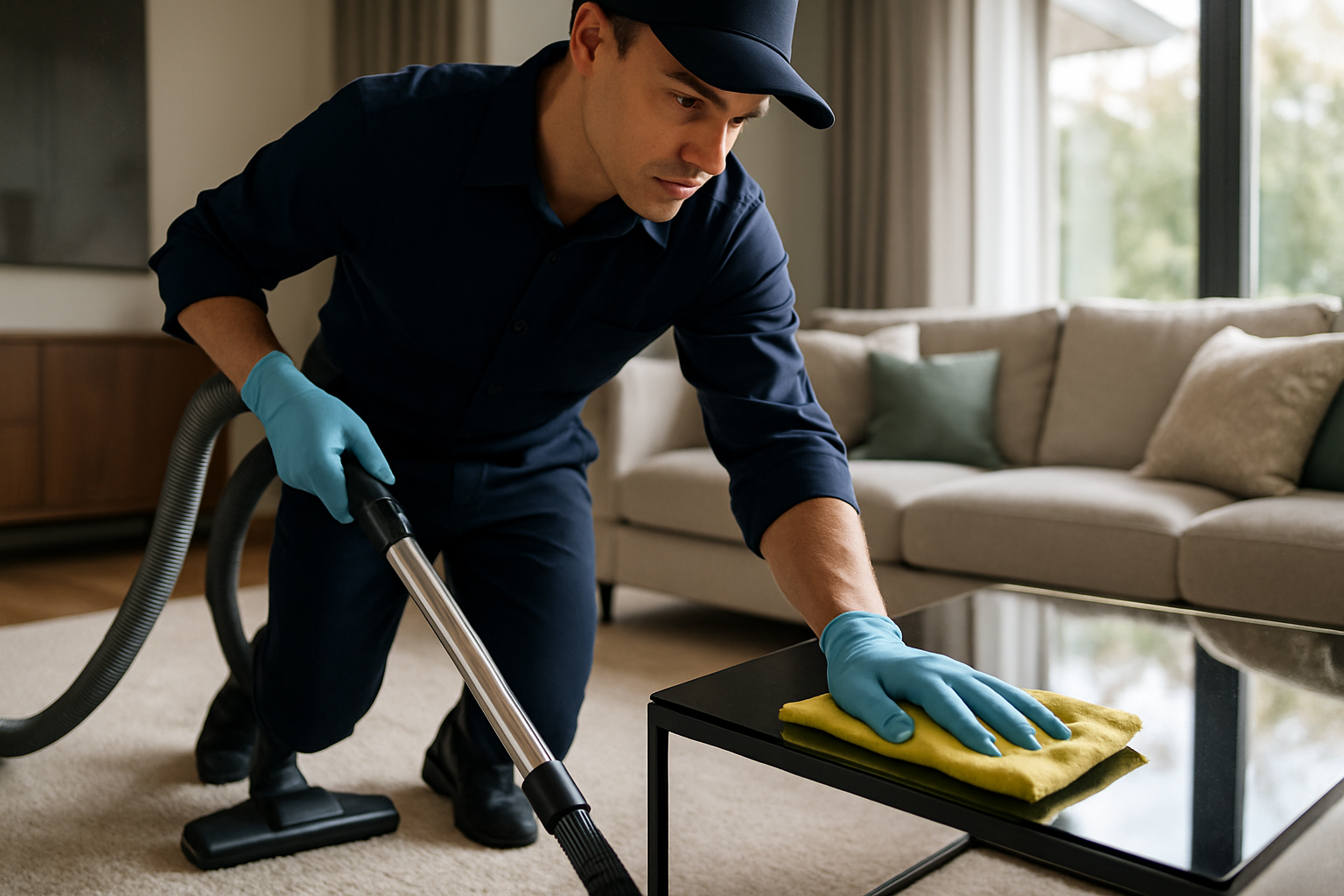 Profesjonalne sprzątanie wnętrza domu przed home stagingiem z odkurzaczem i ściereczką