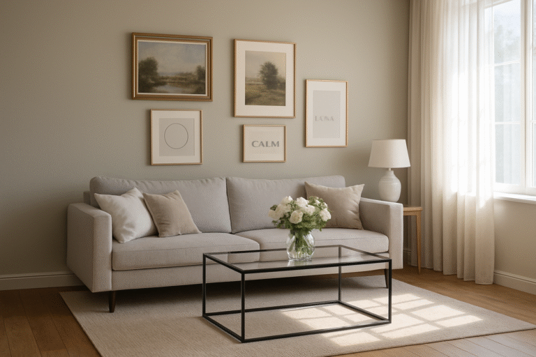 Wnętrze salonu w stylu home staging z elegancko zawieszonymi obrazami i plakatami