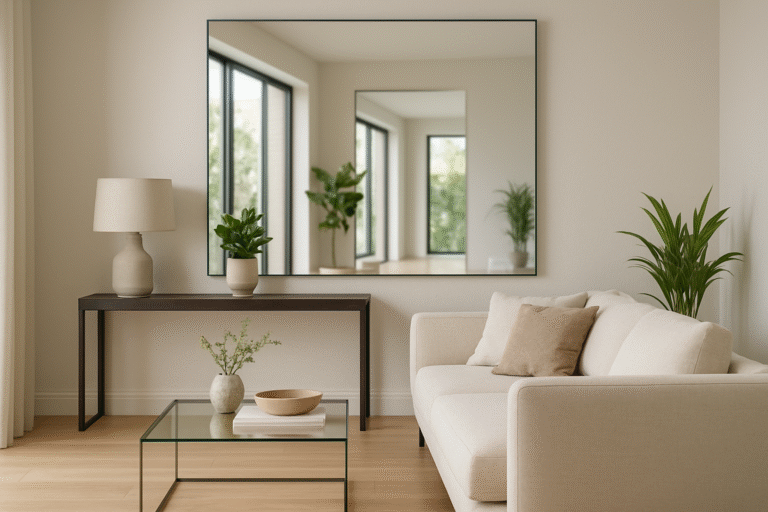 Nowoczesne lustro optycznie powiększające i rozjaśniające wnętrze salonu w home stagingu