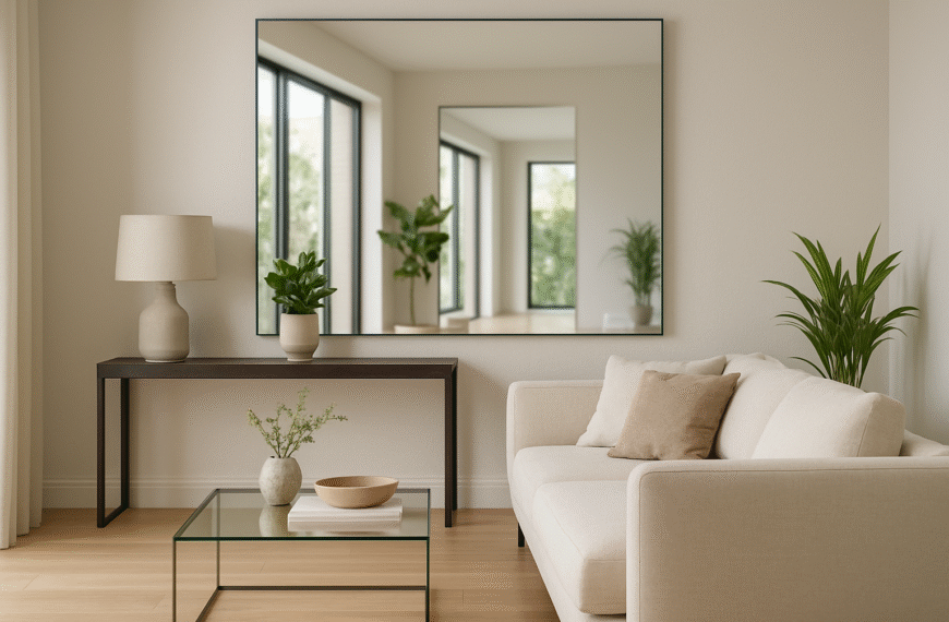Nowoczesne lustro optycznie powiększające i rozjaśniające wnętrze salonu w home stagingu