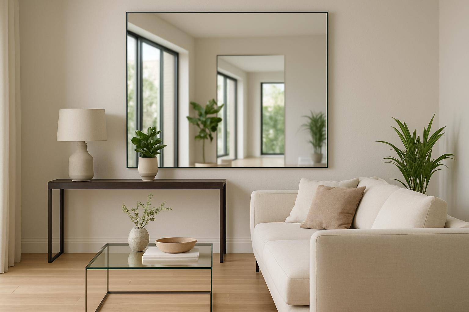 Nowoczesne lustro optycznie powiększające i rozjaśniające wnętrze salonu w home stagingu