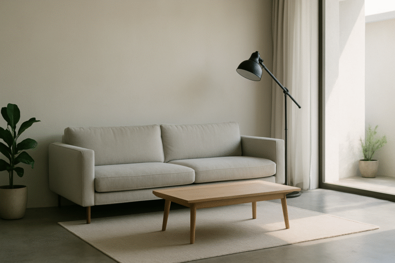 Minimalistyczny salon z dużym oknem wpadającym naturalnym światłem, sofą, stolikiem kawowym i lampą studyjną