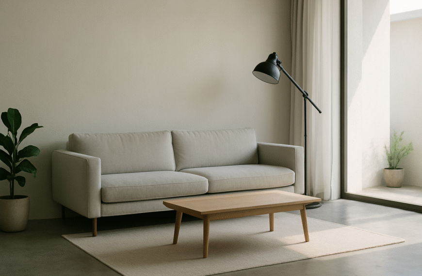 Minimalistyczny salon z dużym oknem wpadającym naturalnym światłem, sofą, stolikiem kawowym i lampą studyjną