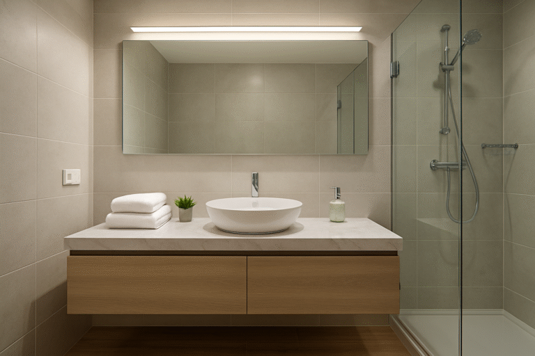 Nowoczesna łazienka z oświetleniem LED nad lustrem i punktowymi lampami sufitowymi w stylu home staging