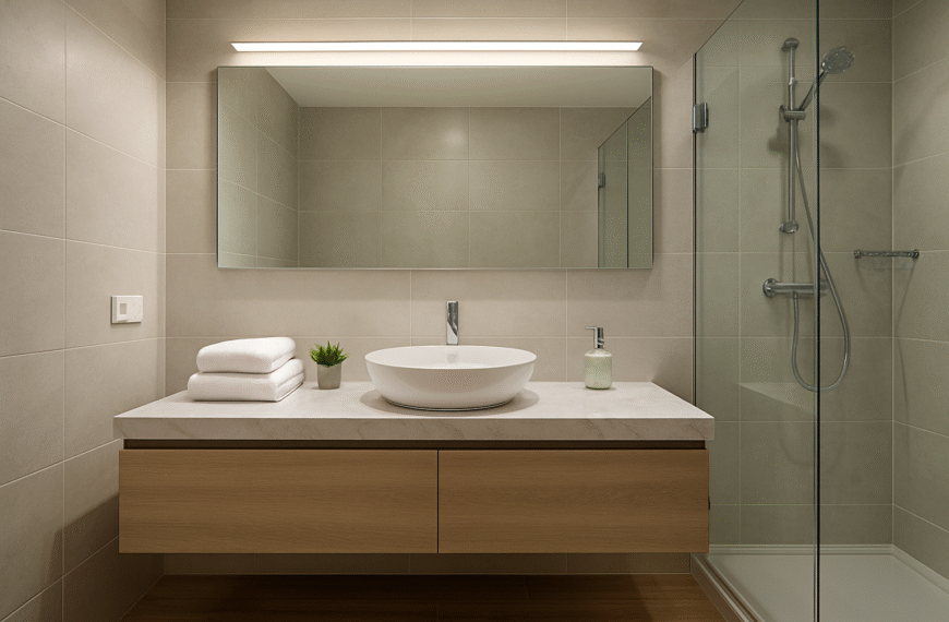Nowoczesna łazienka z oświetleniem LED nad lustrem i punktowymi lampami sufitowymi w stylu home staging